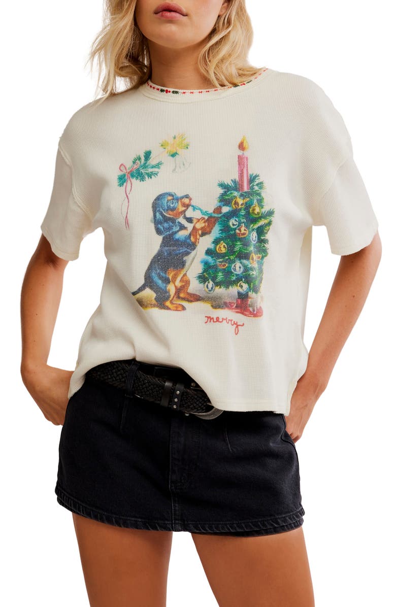 Merry Holiday Waffle Knit Cotton Graphic T-Shirt