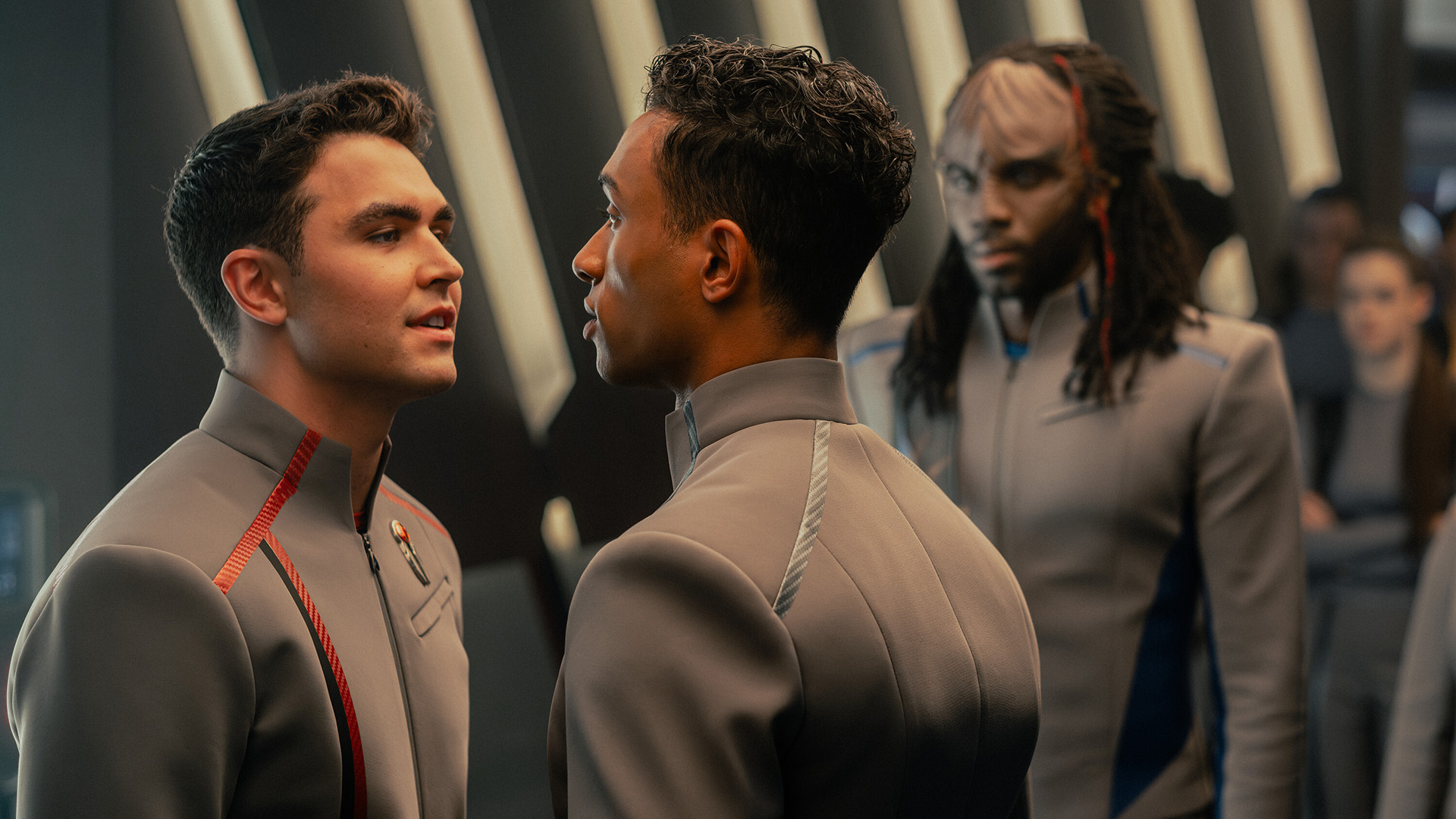 George Hawkins as Darem Reymi, Sandro Rosta as Caleb Mir, and Karim Dian&amp;eacute; as Jay-Den Kraag in Star Trek: Starfleet Academy.