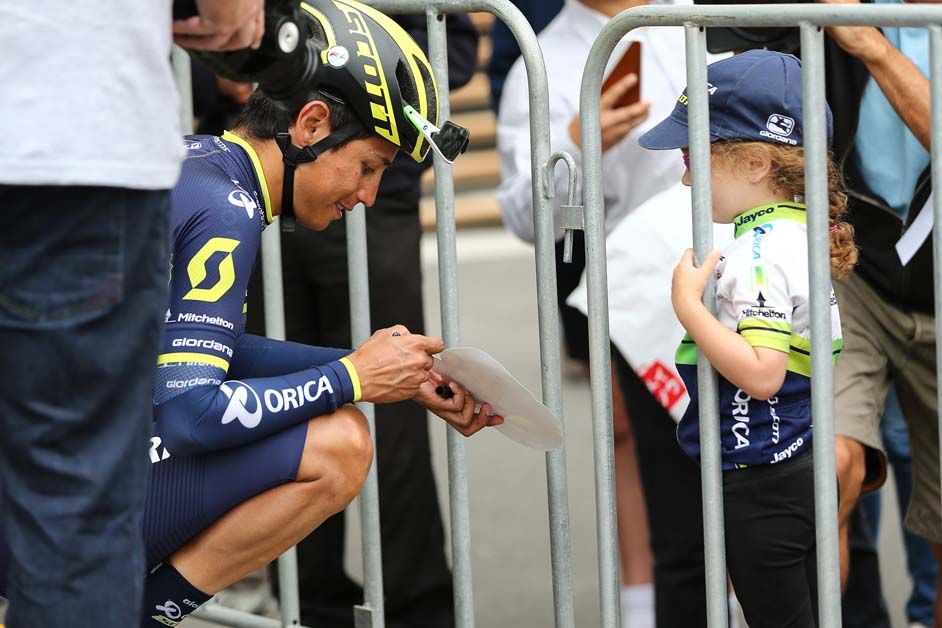 Esteban Chaves signs an autograph for a young fan