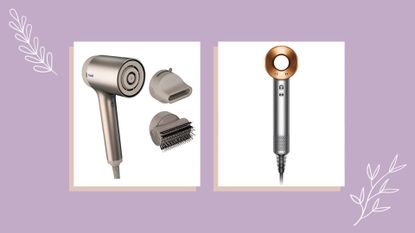 two of the best hair dryers by Dyson and Shark pictured on a lilac background