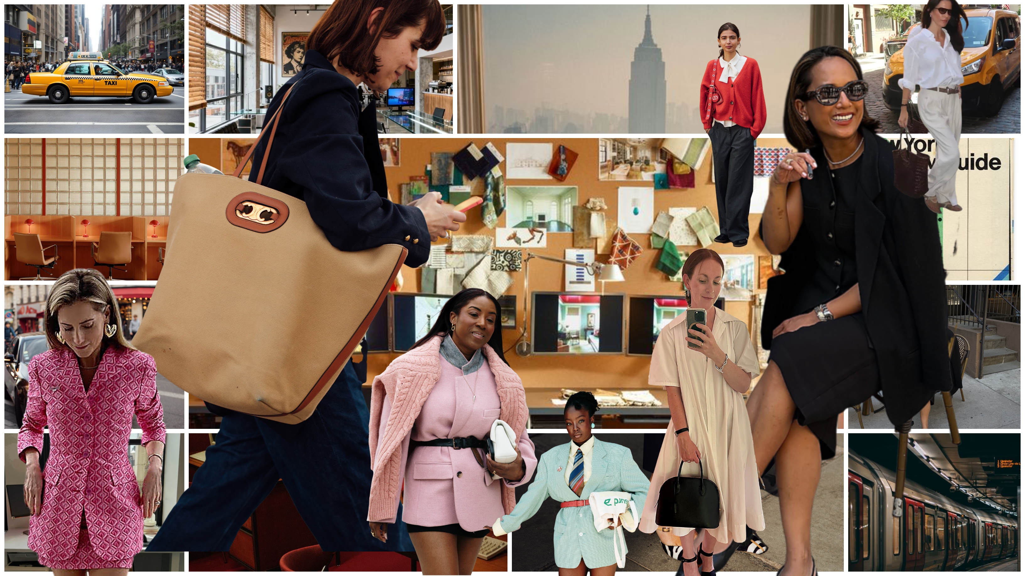collage of different women dressing for the office with a backdrop of work imagery