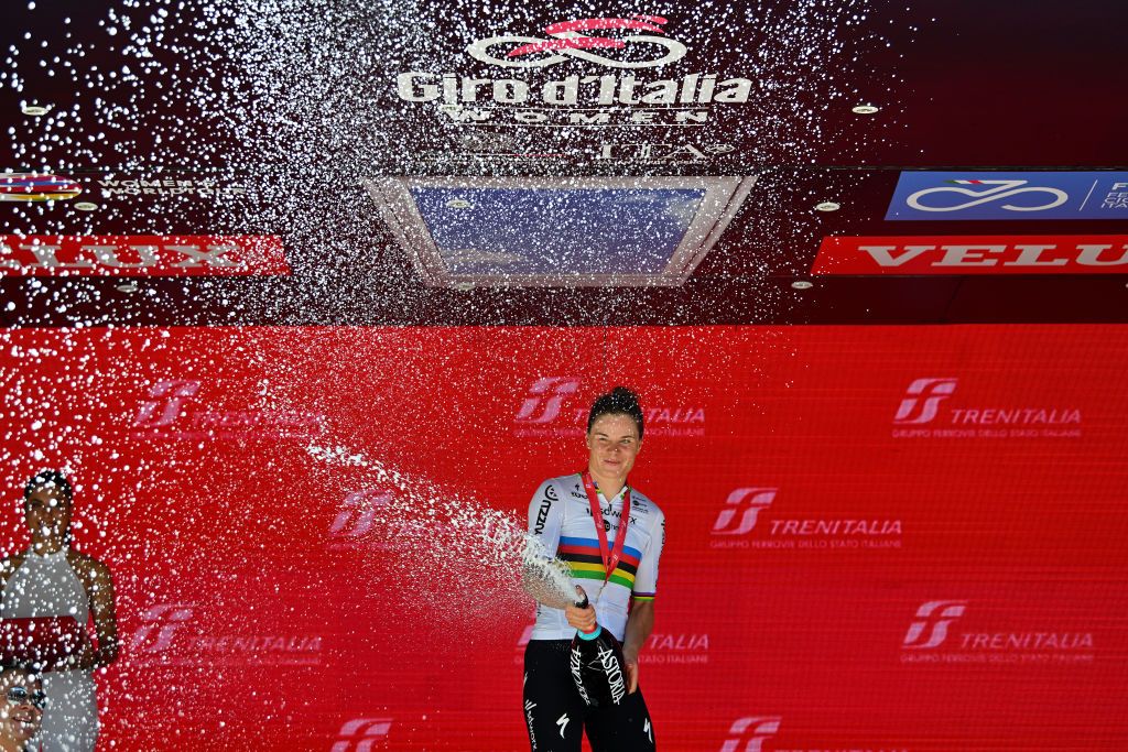 FOLIGNO ITALY JULY 11 Lotte Kopecky of Belgium and Team SD Worx Protime celebrates at podium as stage winner during the 35th Giro dItalia Women 2024 Stage 5 a 108km stage from Frontone to Foligno UCIWWT on July 11 2024 in Foligno Italy Photo by Luc ClaessenGetty Images