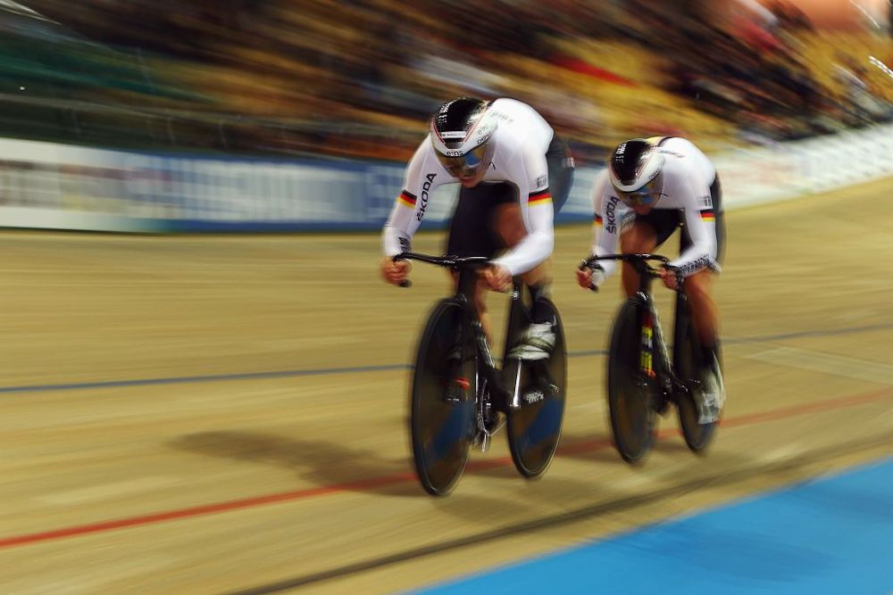 Timo Bichler, Stefan Botticher and Maximilian Dornbach of Germany compete in the Men's team sprint qualifying on day one of the UCI Track Cycling World Championships
