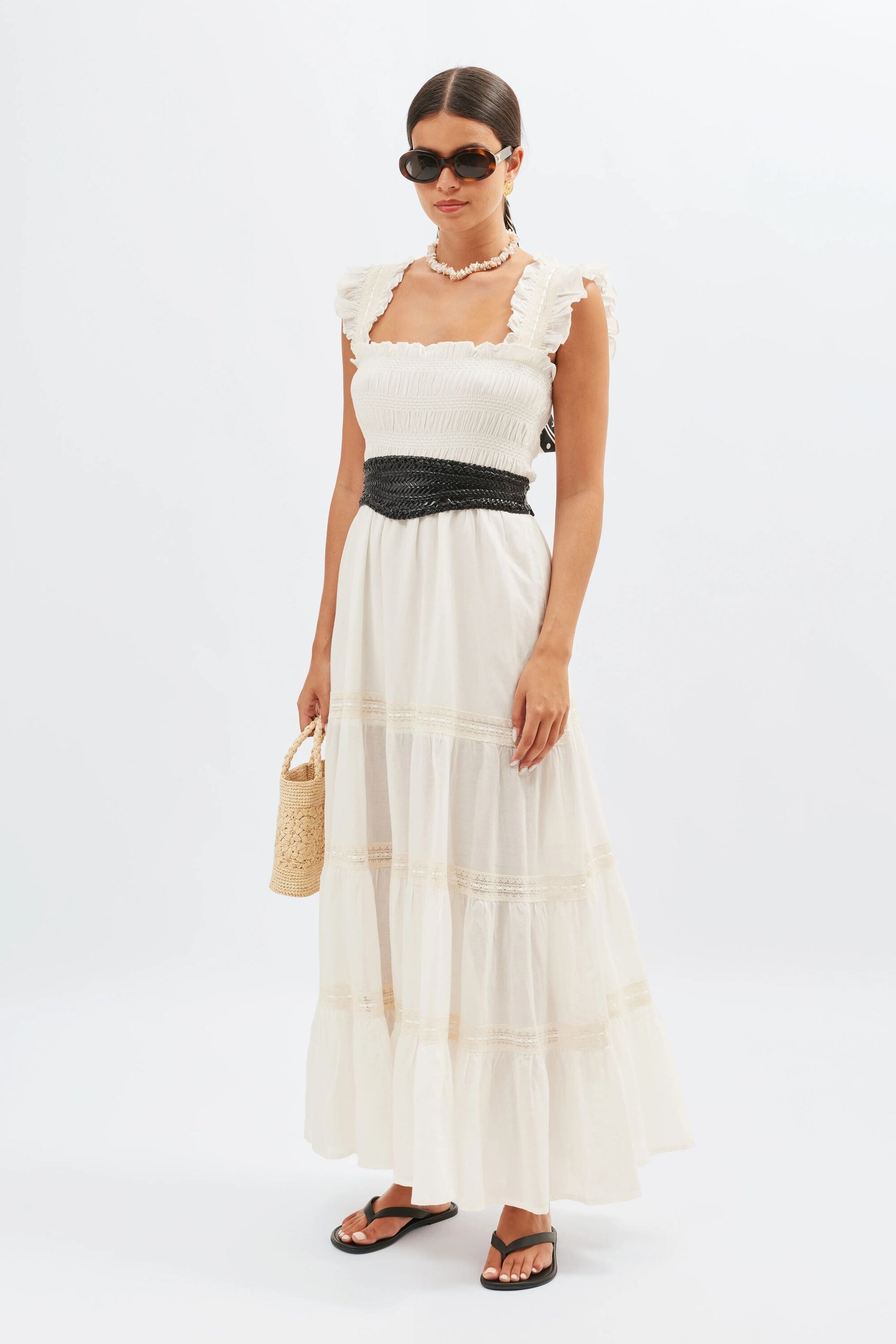Aubrie Cotton Midi Dress in White Ivory