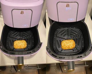 Bailey Cain cooking a frozen hash brown in the Beautiful by Drew Barrymore air fryer