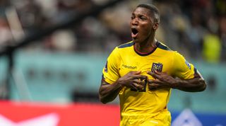 Moises Caicedo of Ecuador celebrates after scoring during the FIFA World Cup 2022 group stage match between Ecuador and Senegal on 29 November, 2022 at the Khalifa International Stadium in Doha, Qatar.