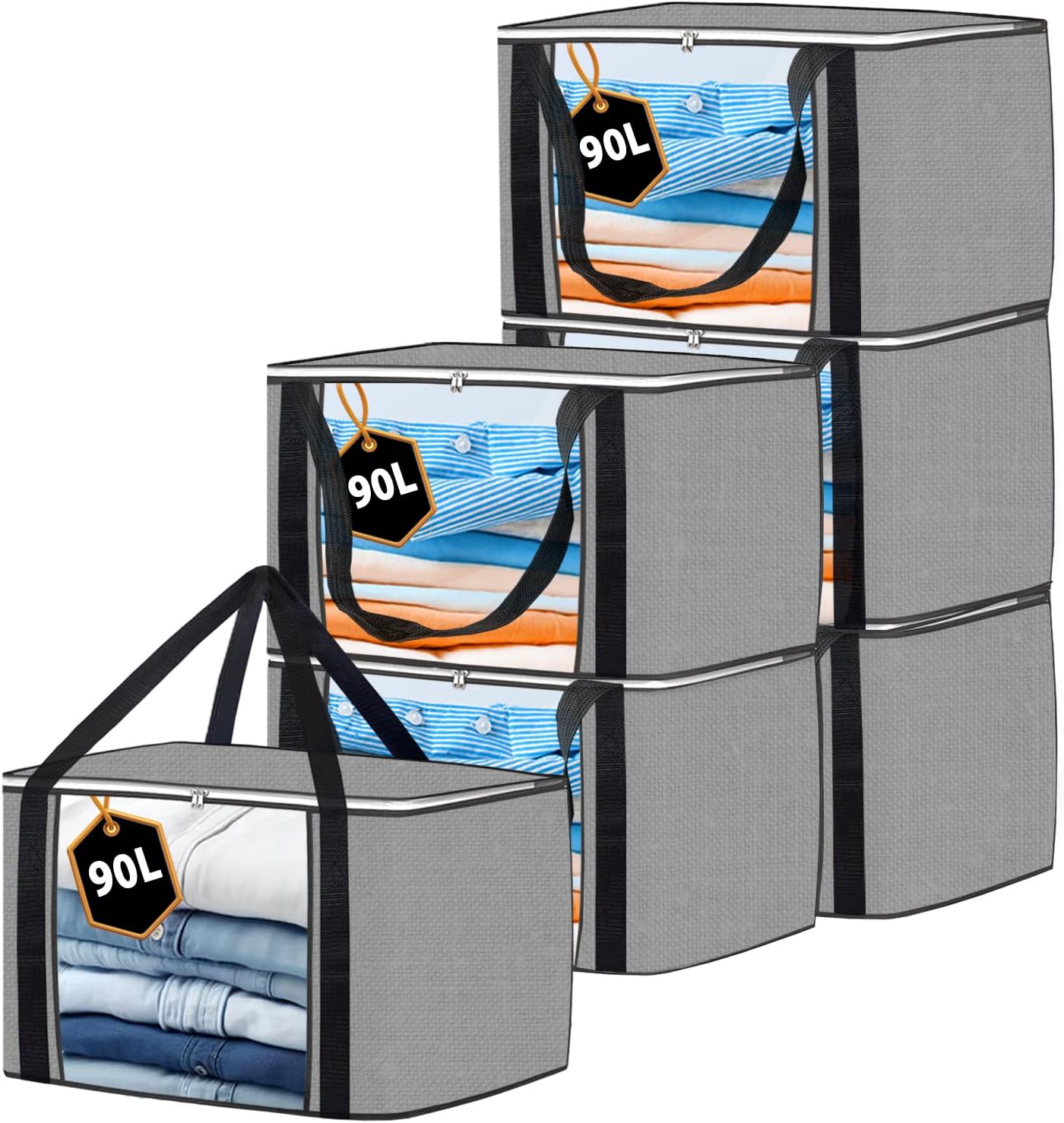 Kurni Storage Bags Clothes 6 Pack Grey, Large Moving Boxes With Top Lid 90l Capacity, 3 Sided Zipper Storage Box. Dust/mites &amp;amp; Moisture Proof 60 X 43 X 35cm