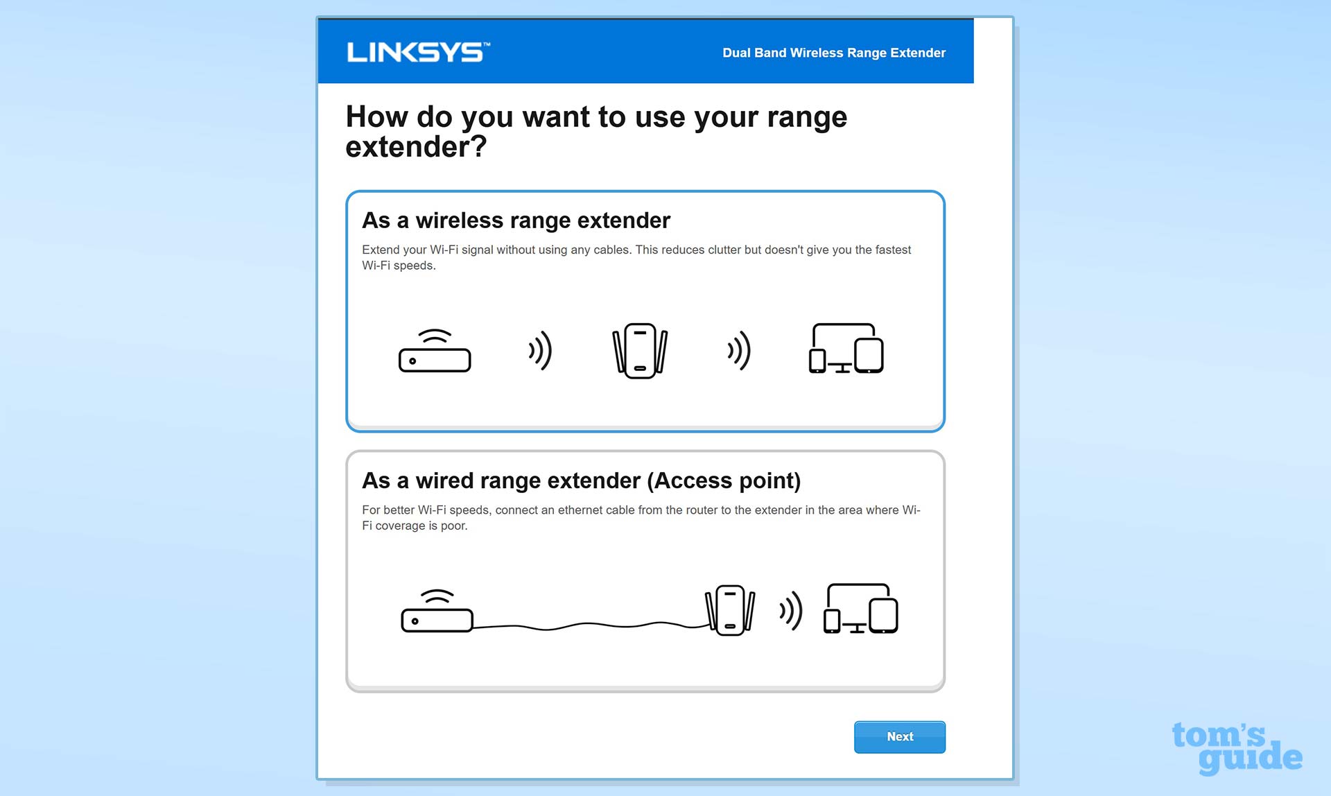 A setup menu screenshot of options for the Linksys RE7350.