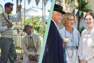 NATASCHA MCELHONE as Bella Ainsworth and OLIVIA MORRIS as Alice Mays-Smith and split image of DOMINIC TIGHE as Plum Wingfield, OLIVER DENCH as Lucian Ainsworth and BETHAN CULLINANE as Lizzie Wingfield