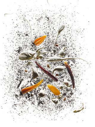 White background, carrots and coffee dish display