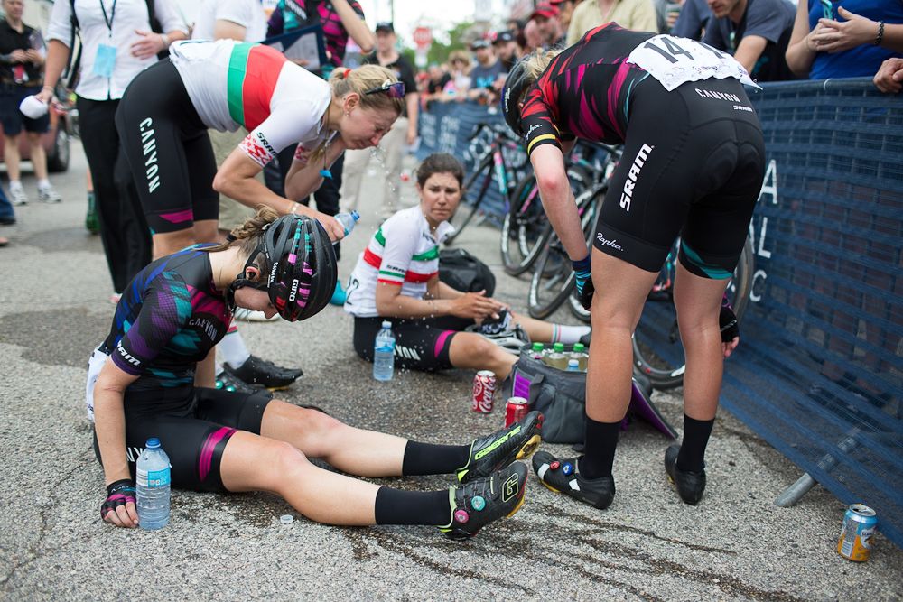 Alexis Ryan of Canyon/SRAM Racing tries to recover after a very hard Philadelphia International Cycling Classic