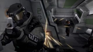 Soldiers shoot it out inside a sci-fi corridor