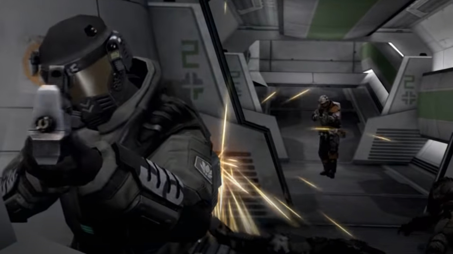 Soldiers shoot it out inside a sci-fi corridor