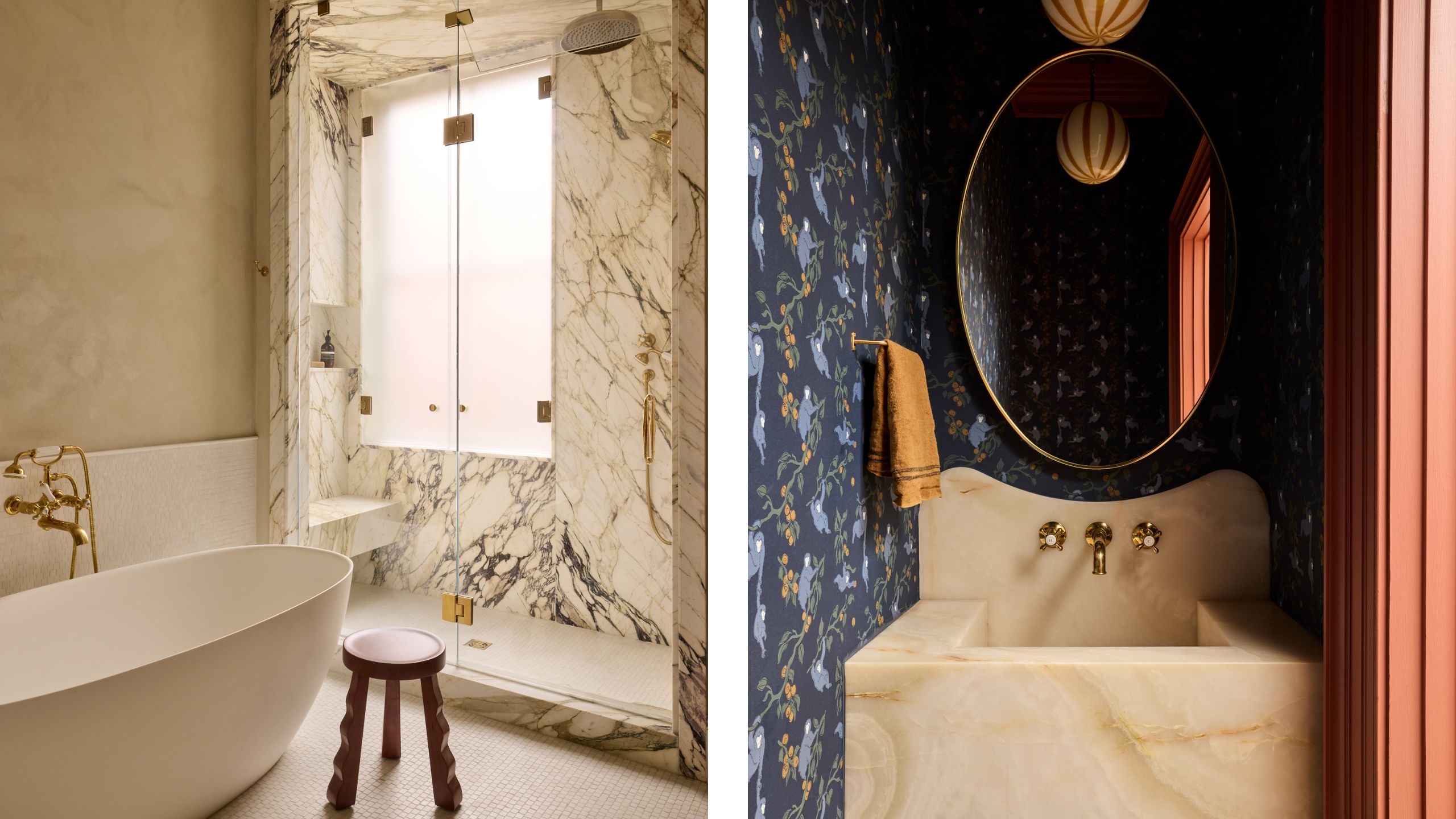 two side by side images of a luxury marble clad primary suite bathroom with shower and tub next to a navy floral wallpaper powder room with yellow basin and Murano vintage light