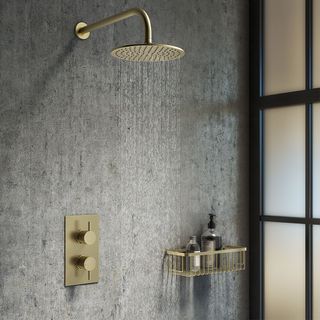 shower storage ideas with gold shower and wire basket
