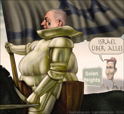 Political Cartoon U.S. Golan Heights Syria Bibi Benjamin Netanyahu Jared Kushner MAGA