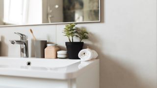 A bathroom sink with a hand towel, toothbrush and plant