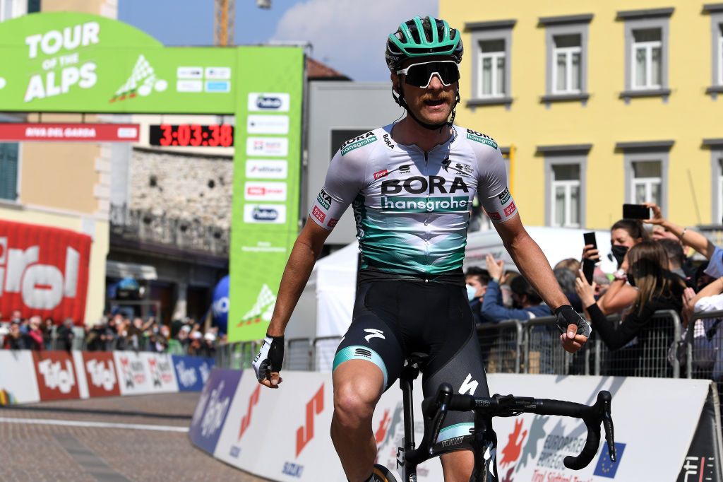 RIVA DEL GARDA ITALY APRIL 23 Felix Groschartner of Austria and Team Bora Hansgrohe celebrates at arrival during the 44th Tour of the Alps 2021 Stage 5 a 1209km stage from Valle del Chiese Idroland to Riva del Garda TourofTheAlps TouroftheAlps on April 23 2021 in Riva del Garda Italy Photo by Tim de WaeleGetty Images
