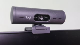 Logitech Brio 505 webcam, one of the best Logitech webcams, mounted on a computer screen