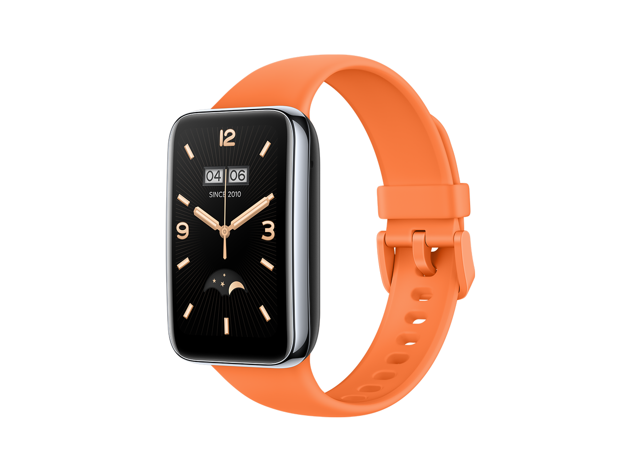 A Xiaomi Smart Band 7 Pro with a classic watch face and a Orange strap