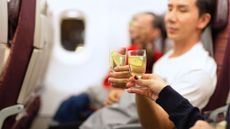 Two passengers clink cocktail glasses together while sitting in economy seats on an airplane.