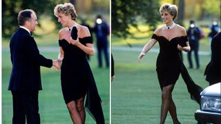 Two photos of Princess Diana in her 'Revenge' Dress at the Serpentine Gallery in 1994