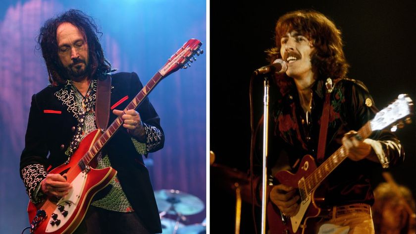 Left-Mike Campbell of Tom Petty &amp; The Heartbreakers performs onstage at the Firefly Music Festival at The Woodlands of Dover International Speedway on June 22, 2013 in Dover, Delaware; Right-George Harrison performing at The Cow Palace in Daly City, California on November 7, 1974