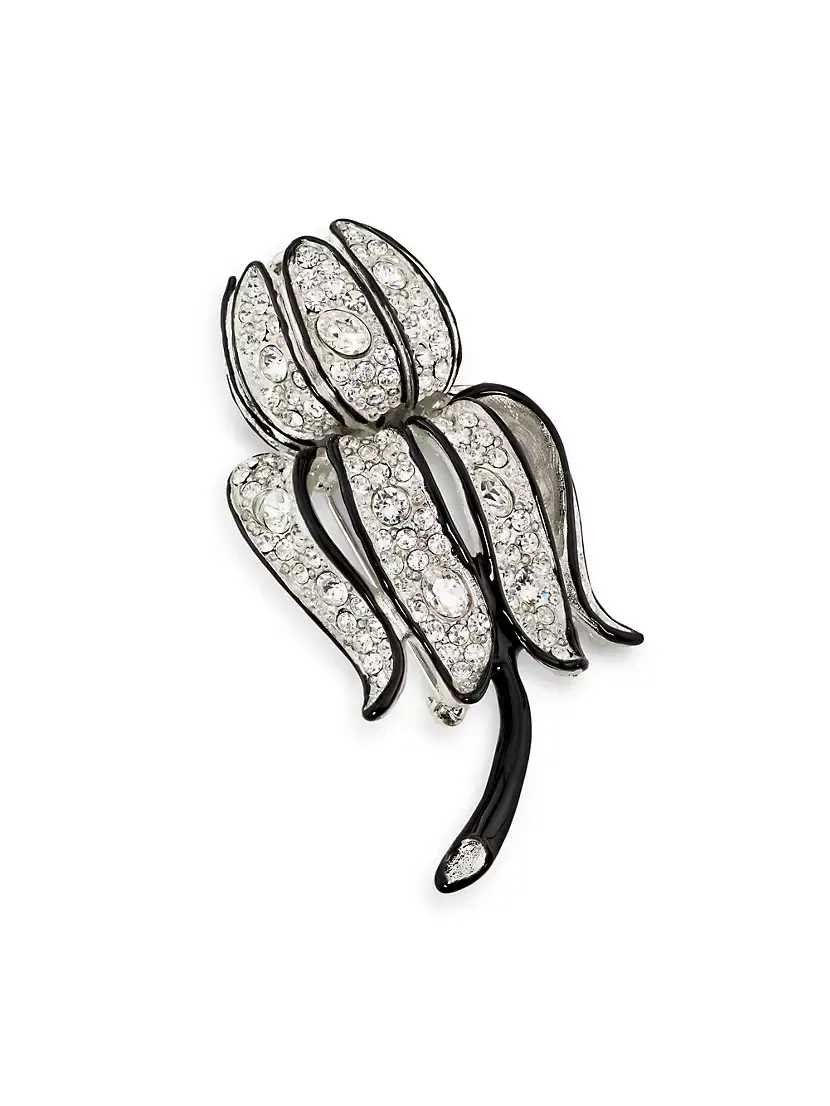 Rhodium-Plated, Crystal & Black Enamel Flower Brooch