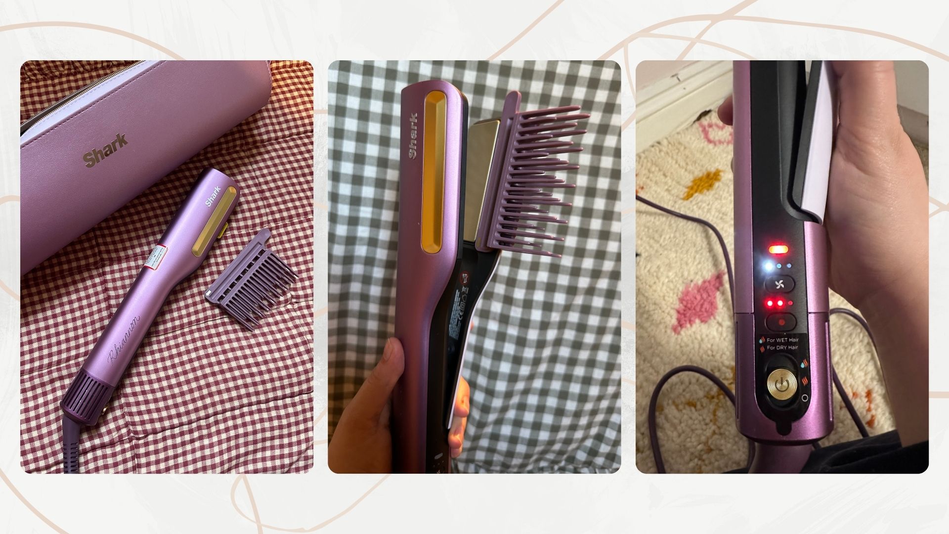 Three images of the Shark SilkiPro Straight - closed, with comb attachment, showing light switches