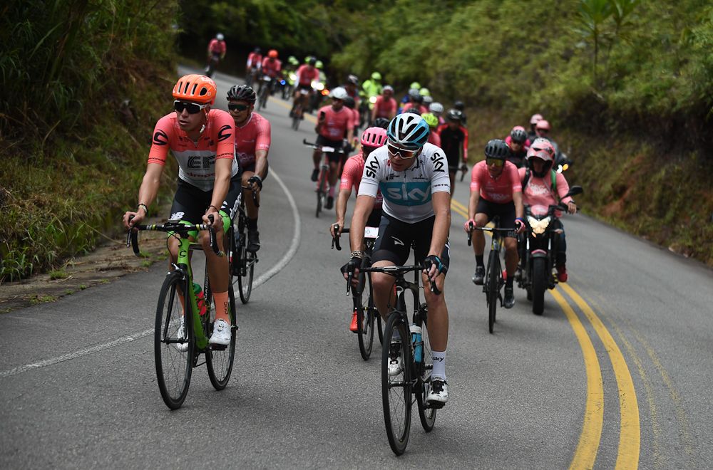 Chris Froome rides next to Colombian Julian Cardonas during of the Giro de Rigo in San Rafael