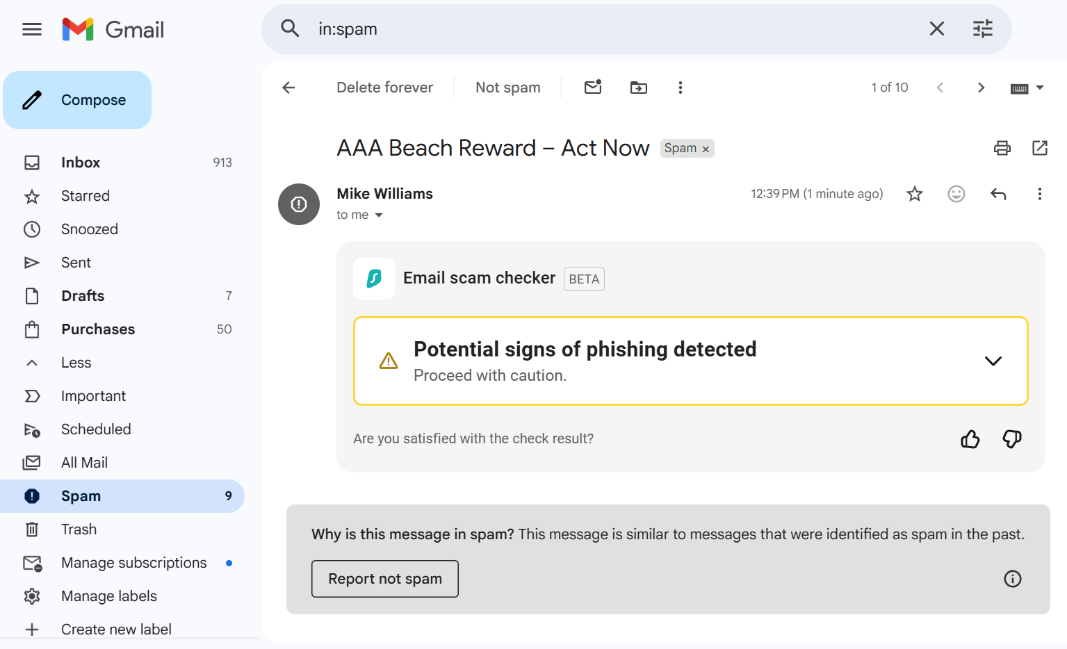 Email on Gmail using Surfshark spam email checker to detect phishing