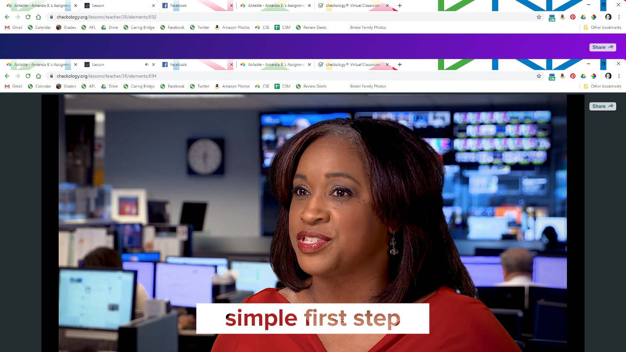 Checkology screenshot: Woman speaking to camera in studio.