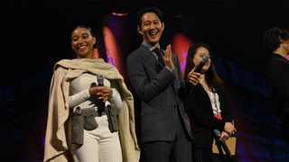 Amandla Stenberg and Lee Jung-jae on stage at Star Wars Celebration 2023