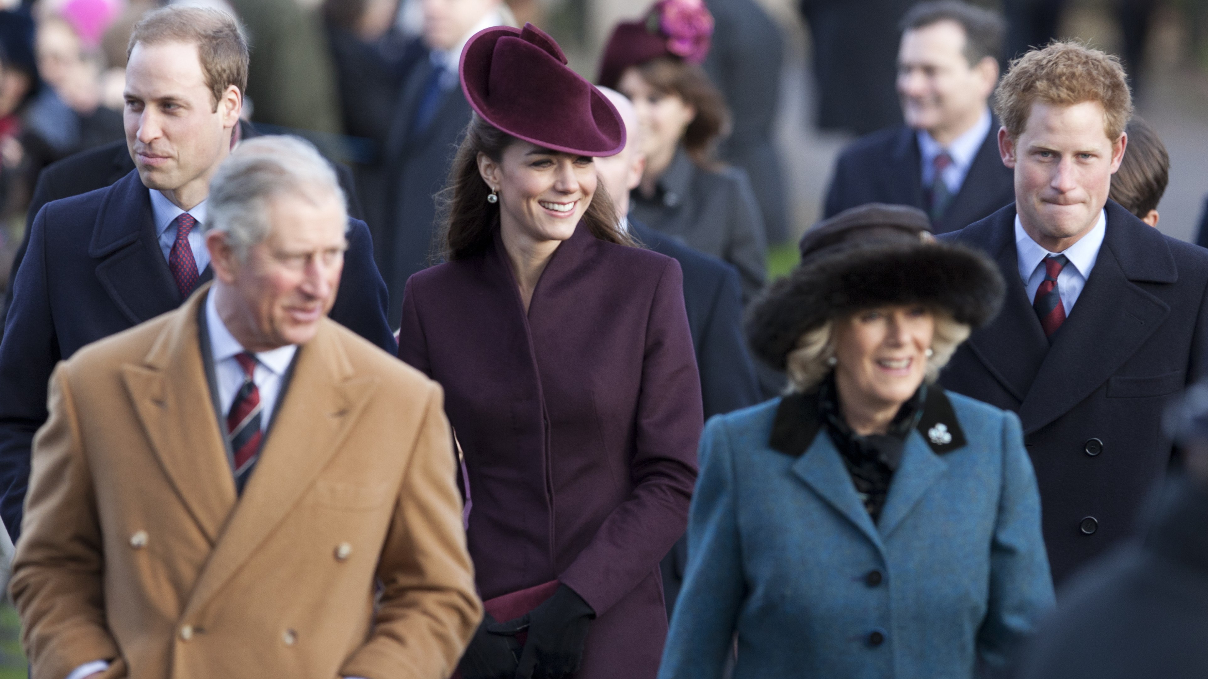 King Charles, Prince William, Prince Harry, Queen Camilla and Catherine, Princess of Wales walk to attend a church service on Christmas Day in 2011