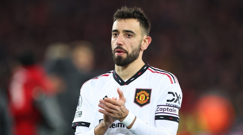 Manchester United captain Bruno Fernandes applauds the Manchester United fans after his side&#039;s 7-0 defeat to Liverpool at Anfield in March 2023.