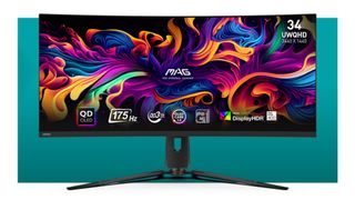 The MSI MAD 341CQP QD-OLED gaming monitor on a teal deals background