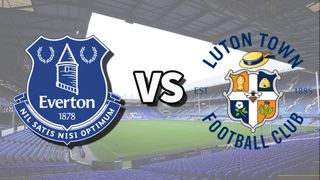 The Everton and Luton Town club badges on top of a photo of Goodison Park stadium in Liverpool, England