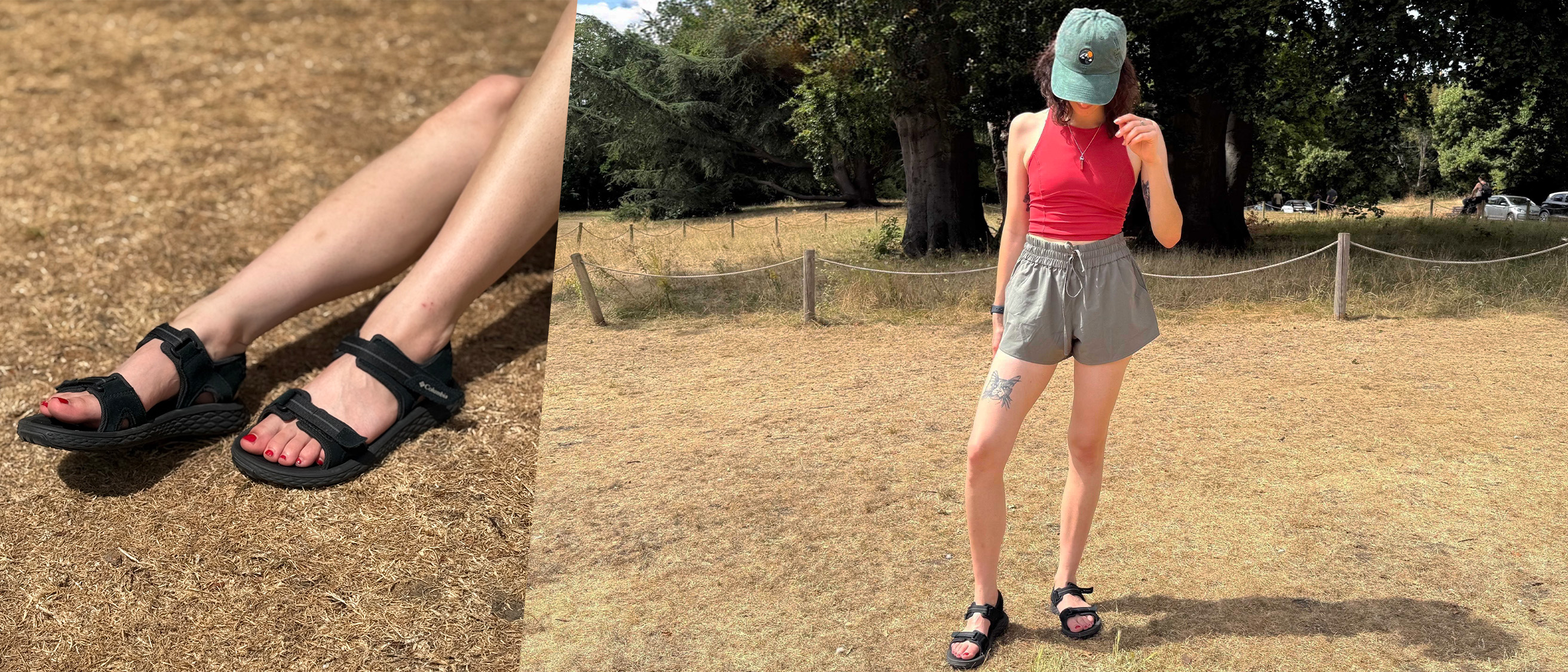 the author wearing the columbia konos hiker 2-strap hiking sandals in a grassy area