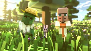 Minecraft Legends - A cutscene of a villager and zombie standing together looking confused