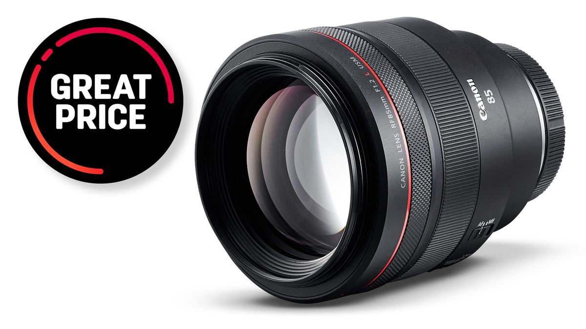 Canon RF 85mm f/1.2L USM lens against a white background, with the text &quot;Great price&quot;