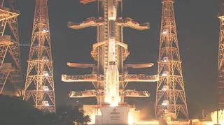 An Indian GLSV rocket carrying the EOS-O3 Earth observation satellite for the Indian Space Research Organisation lifts off from Second Launch Pad of the Satish Dhawan Space Centre on Sriharikota Island, India on Aug. 12, 2021. It failed to reach orbit.