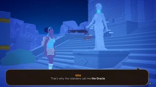 In-game screenshot of Alex talking the Oracle in Mythwrecked: Ambrosia Island