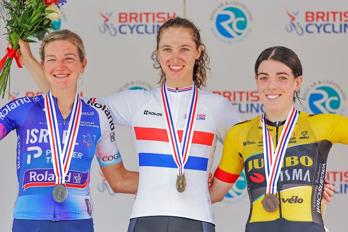 Picture by Alex Whitehead/SWpix.com - 25/06/2023 - Cycling - 2023 British National Road Championships - Saltburn-by-the-Sea, North Yorkshire, England - Women&acirc;s Road Race - Pfeiffer Georgi of Team DSM wins with Claire Steels of Israel Premier Tech Roland in second and Anna Henderson of Team Jumbo-Visma in third on the podium