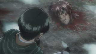 Levi looking at Isabel's head in Attack on Titan.