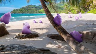 A crowd of ditto on a beach in Pokemon Go