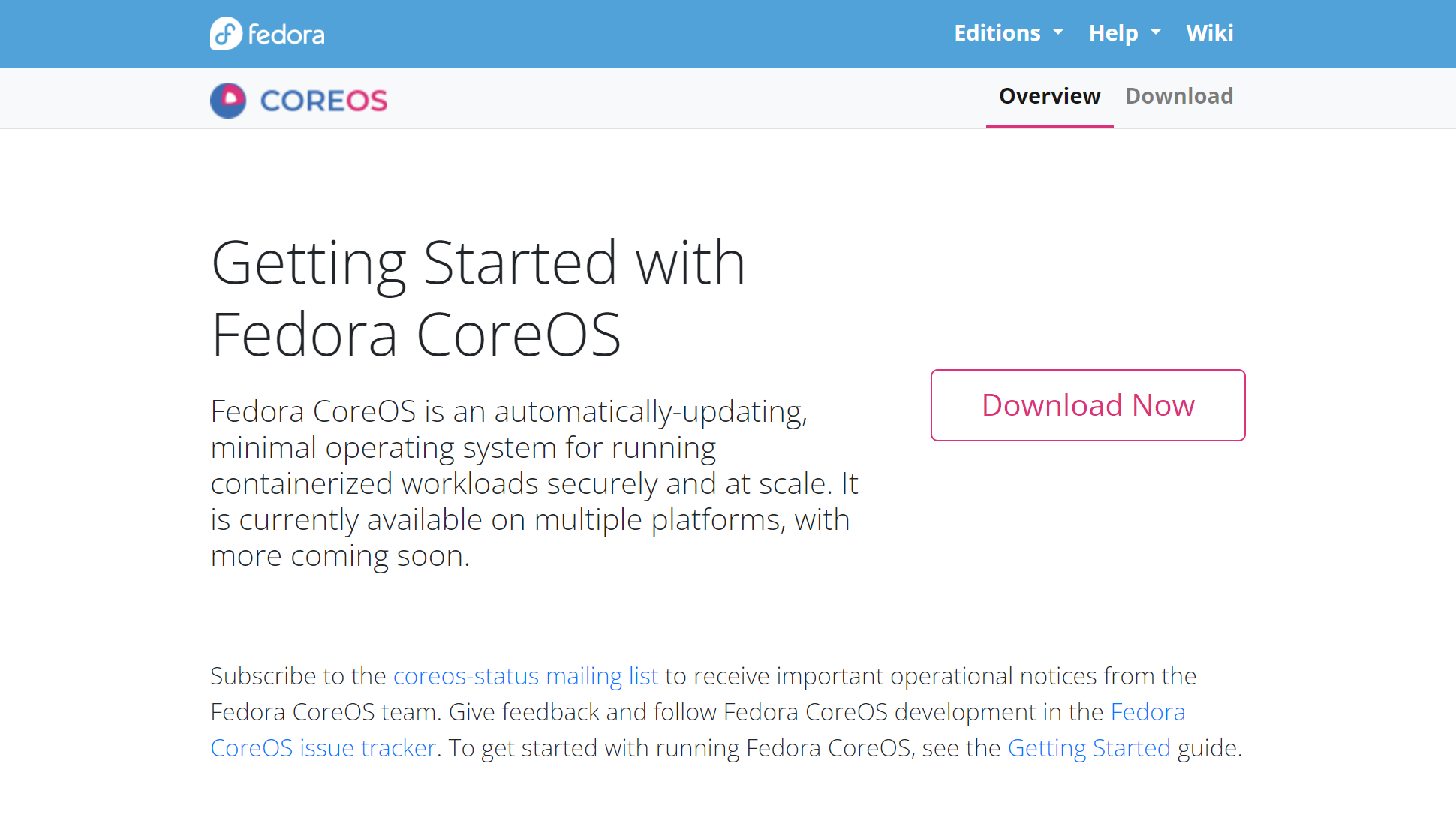Tangkapan layar situs web Fedora CoreOS