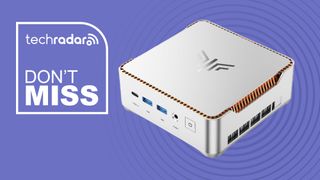 The Kamrui Hyper H2 mini PC on a purple background next to a TechRadar badge that reads 'Don't Miss'