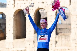 ROME ITALY MAY 26 Tadej Pogacar of Slovenia and UAE Team Emirates celebrates at podium as Blue Mountain Jersey winner during the 107th Giro dItalia 2024 Stage 21 a 125km stage from Rome to Rome UCIWT on May 26 2024 in Rome Italy Photo by Tim de WaeleGetty Images