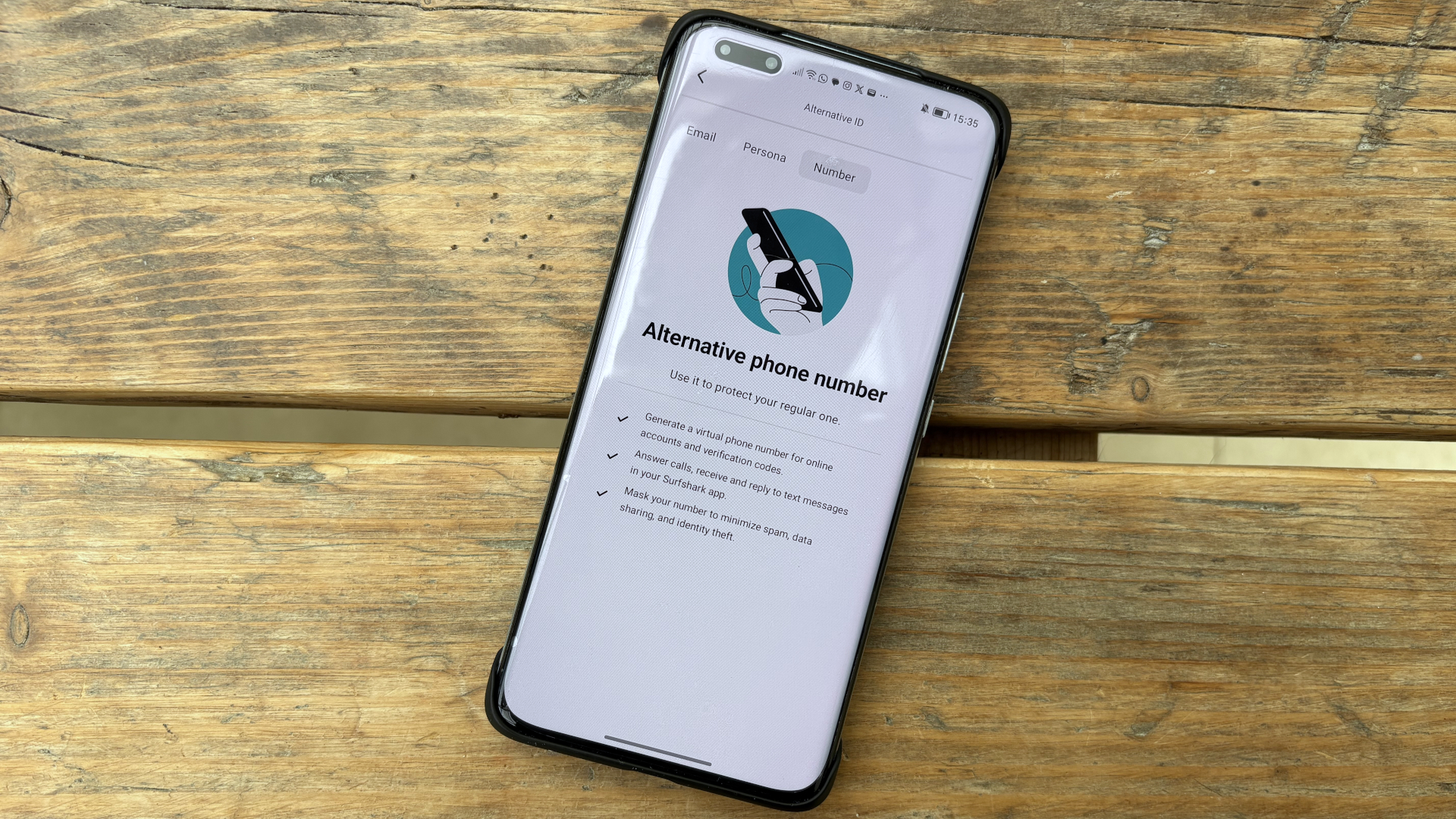 Android phone with the Surfshark Alternative phone number panel open