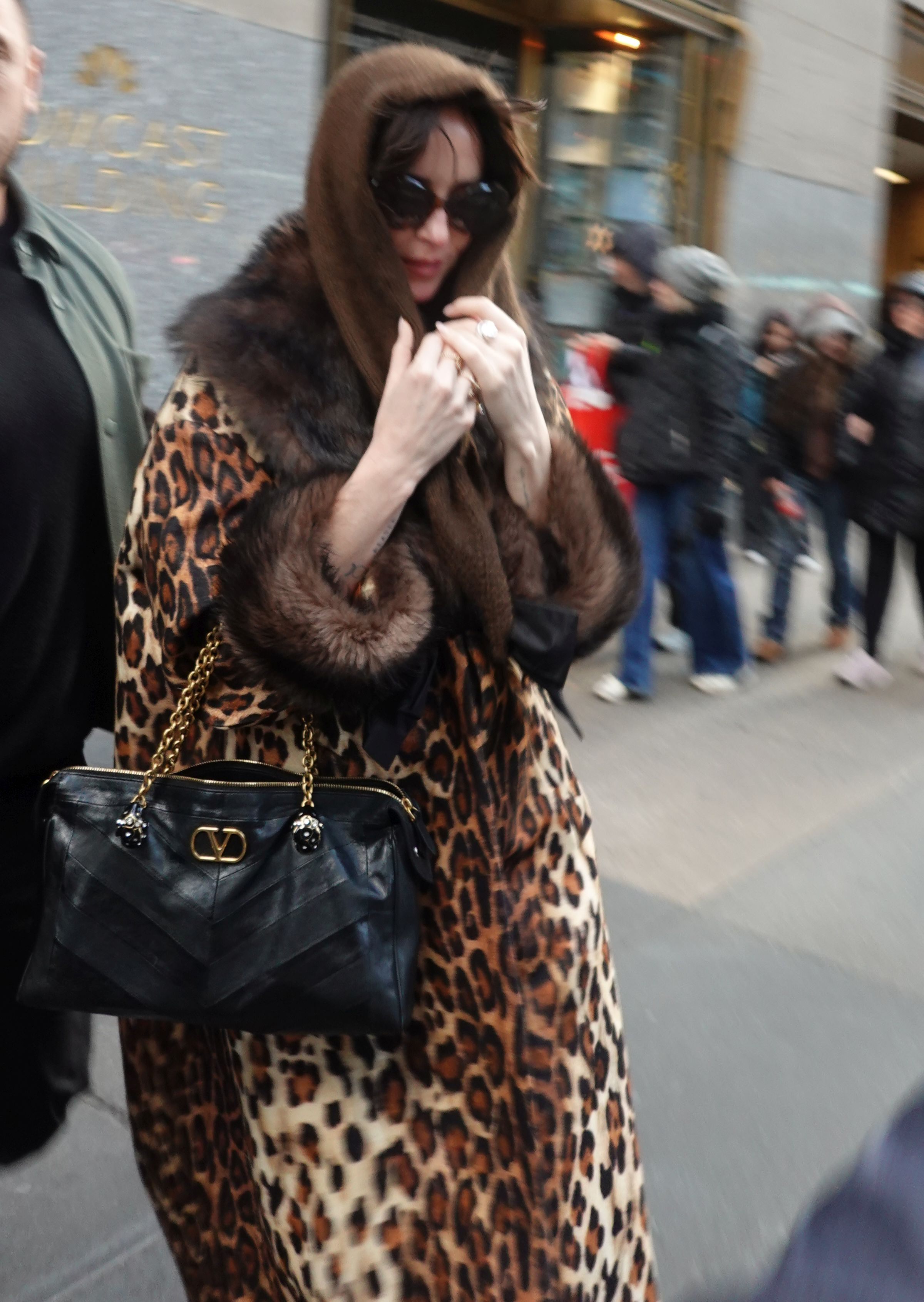 Dakota Johnson was spotted in NYC wearing a $11,000 Valentino coat, a Valentino Panthea Bag, and the triangle scarf trend